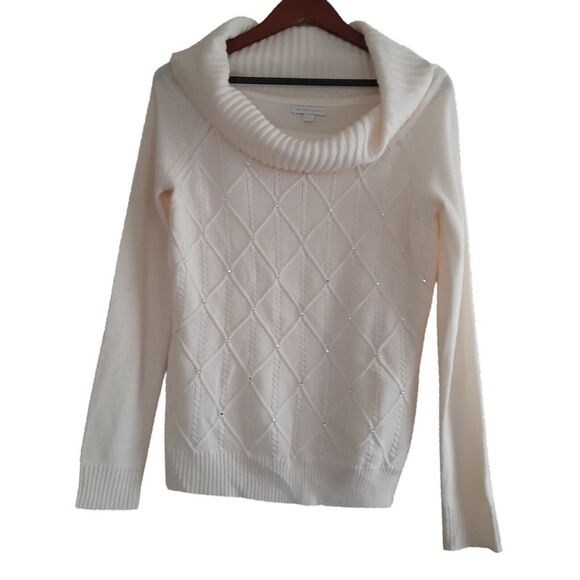 New York & Company Cowl Neck Sweater Women Med. Ivory Diamond Pattern Rhinestone - Picture 1 of 10